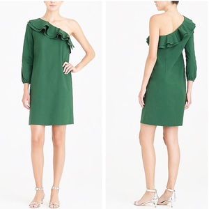 New J. Crew One Shoulder Poplin Cotton Dress Green Mini Asymmetrical Ruffle Sz 6